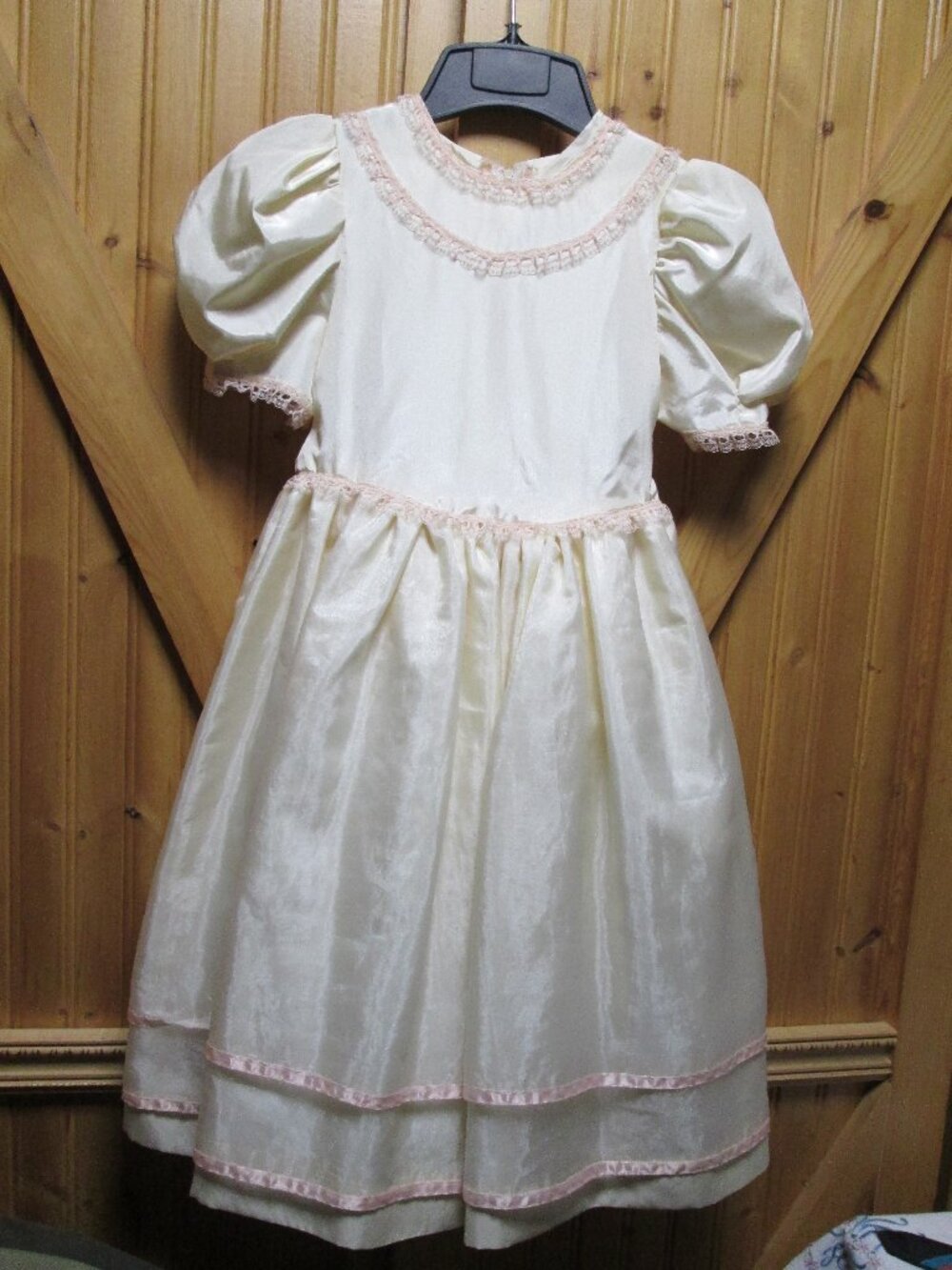 Vtg handmade 4 layer flowergirl party dress ivory trim pink lace tie back